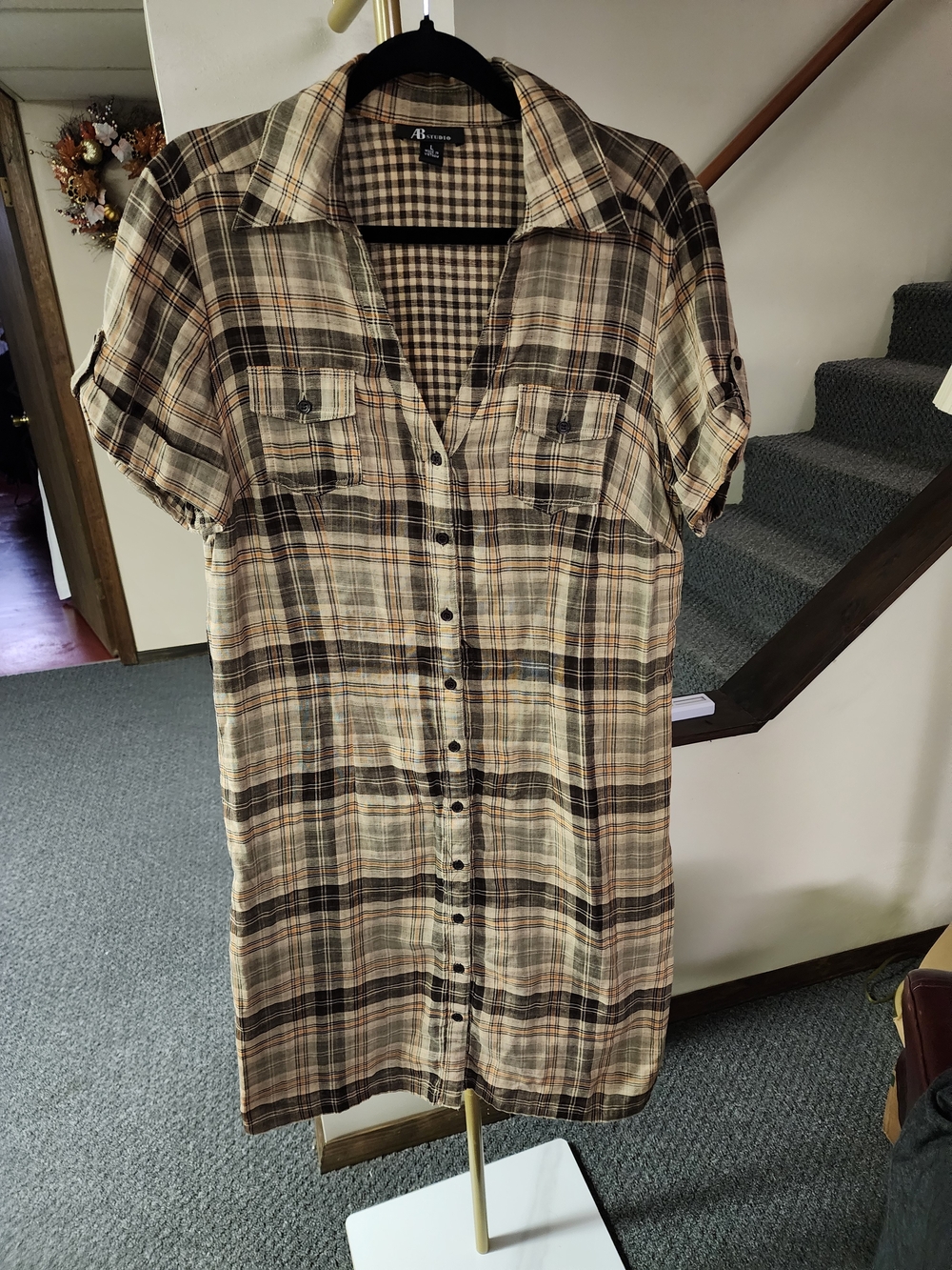 AB Studio Plaid Button-Front Midi Dress in Beige and Brown Cotton Dress.